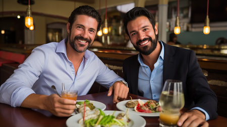 Two handsome 40yo men friends at restaurant.の素材