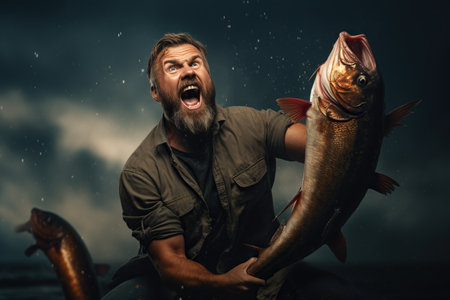 Proud bearded fisherman having glad expression catching big fish having successful day.の素材