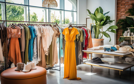 Fashion clothes in a trendy luxury boutique storeの素材