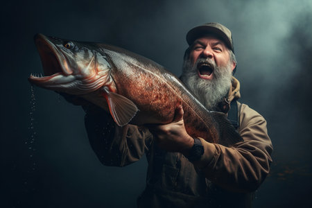 Proud bearded fisherman having glad expression catching big fish having successful day.の素材