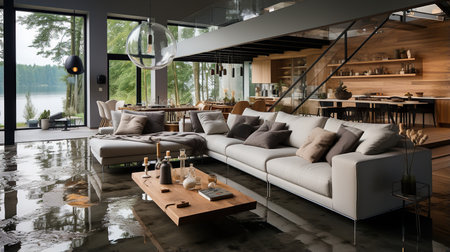 Flooded modern Livingroom with couches, water up to kneesの素材