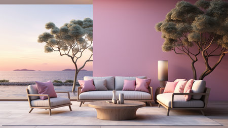A modern American living room, dusk time, neon light with atmosphere, white furnitureの素材