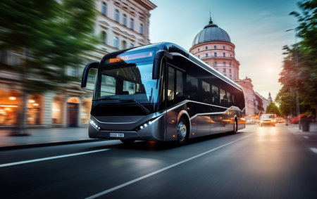 black e-bus on a city street with blur motion effectの素材