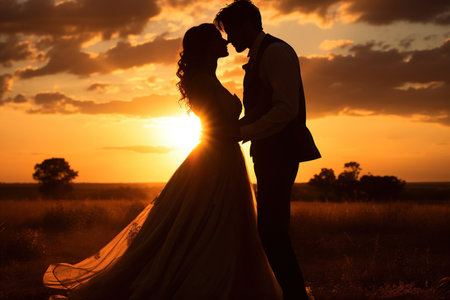 Wedding couple posing on sunset at wedding day.の素材