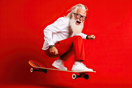 Funny and ridiculous elderly man riding a skateboard on red backgroundの素材