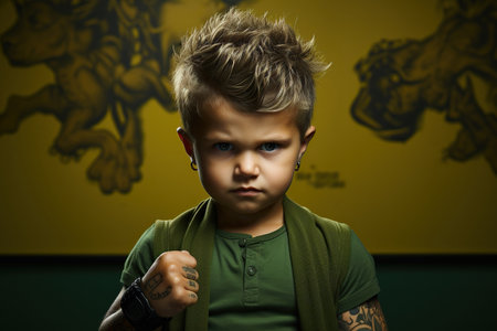 A small tattoo stylish trendy newborn boy in a bright green singlet with a serious look on green backgroundの素材