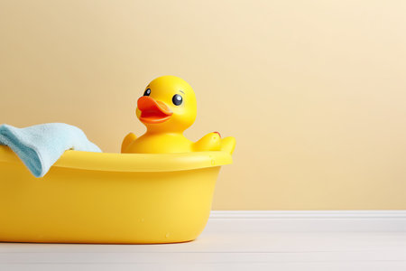Yellow Rubber duck. Funny kids inflatable toy by bathtub with copy space,bathroom decoration conceptの素材