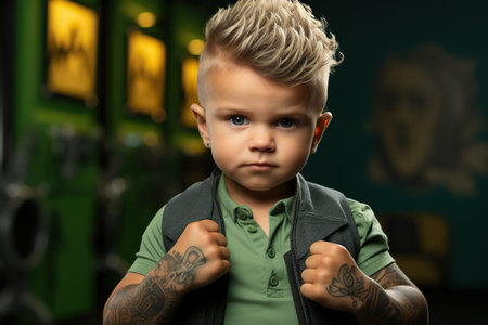 A small tattoo stylish trendy newborn boy in a bright green singlet with a serious look on green backgroundの素材