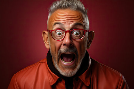 Portrait of humorous terrified astonished elderly person man touching head with hands looking at camera.の素材