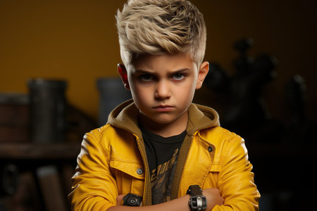 a small tattooed stylish trendy toddler boy in a bright yellow singlet with a serious intimidating lookの素材