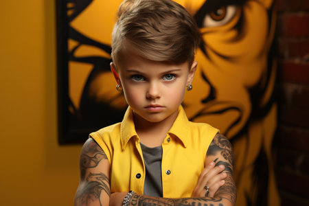 a small tattooed stylish trendy toddler boy in a bright yellow singlet with a serious intimidating lookの素材