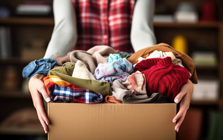 volunteer hands holding a clothes donation box filled with clothing and household itemsの素材