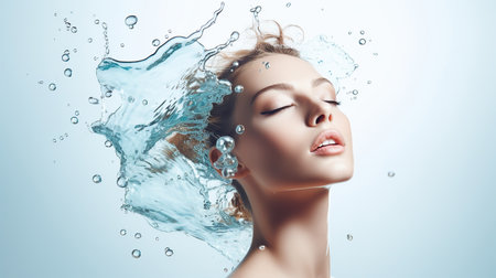 Water, hydration and portrait of a woman with a splash for skincare, wellness and beauty against a white studio background.の素材
