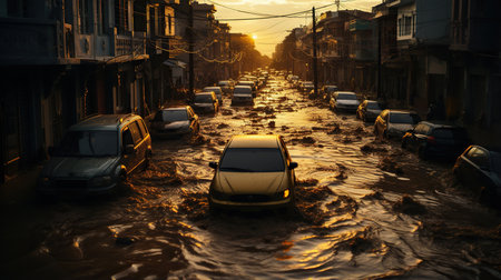 Flooded cars on the street of the city. Urban Flooding After Heavy Stormの素材