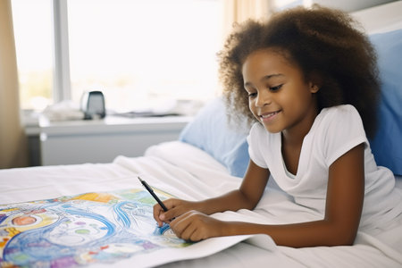 African american girl patient lying on bed coloring in patient room at hospitalの素材