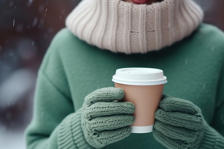 Frozen young woman in winter clothes with cup of hot coffee on green background, closeupの素材
