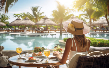 a beautiful Woman on breakfast near swimming pool in luxurious tropical resort.の素材