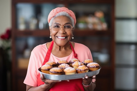 Happy african american senior woman with tray full of freshly baked cupcakesの素材