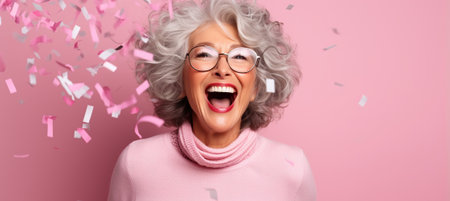 Happy Mature Woman with Gray Hair Celebrating New Years Party on a pink Background with Space for Copyの素材