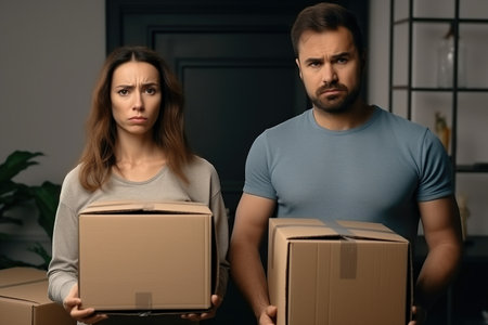 Angry man and woman annoyed by bad delivery service, unboxing parcel, looking into open cardboard boxの素材