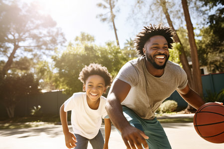 Smiling African American father and son playing basketballの素材