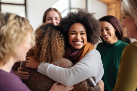 Supportive diverse female friends hugging each other at group therapy sessionの素材