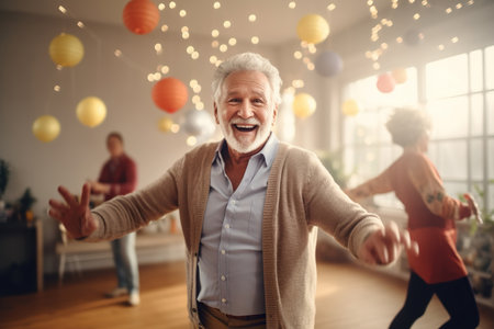 Cheerful active retired elder dancing to disco music in spacious living room, having fun, enjoying sportive hobby, home party, celebrating anniversary, family special dateの素材