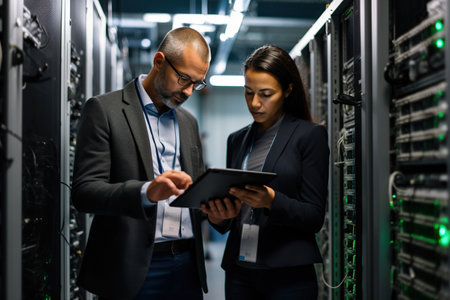 Diverse male and female engineers with digital tablet inspecting the server in computer server roomの素材