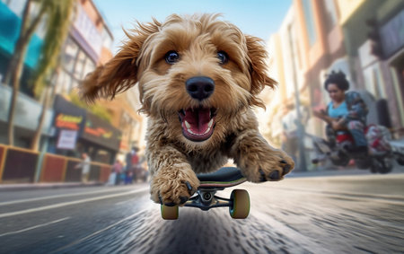 A playful pup in an exciting skateboarding adventure on the neighborhood streets.の素材