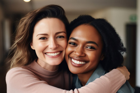 Close up portrait of smiling multiethnic women friends hug embrace posing in office together, happy diverse ethnic female colleagues coworkers show friendship at workplace, unity and support at workの素材