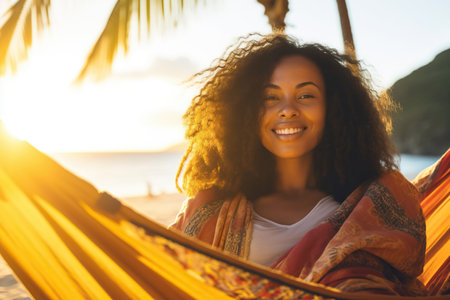 Mixed race woman on beach holiday lying in hammock reading book during sunsetの素材