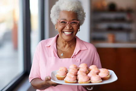 Happy african american senior woman with tray full of freshly baked cupcakesの素材