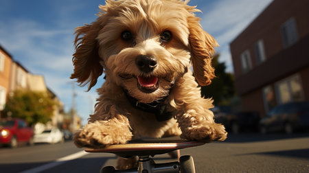 A playful pup in an exciting skateboarding adventure on the neighborhood streets.の素材