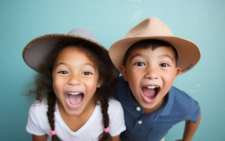 boy and girl doing silly faceの素材