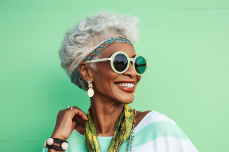 60 year old fashionable hipster African American woman portrait on green backgroundの素材