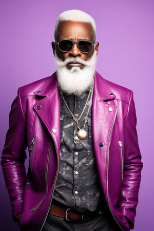 60 year old fashionable hipster African American man portrait on purple backgroundの素材