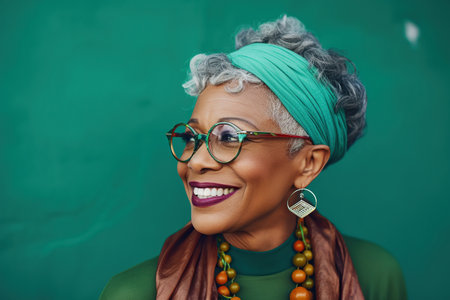 60 year old fashionable hipster African American woman portrait on green backgroundの素材