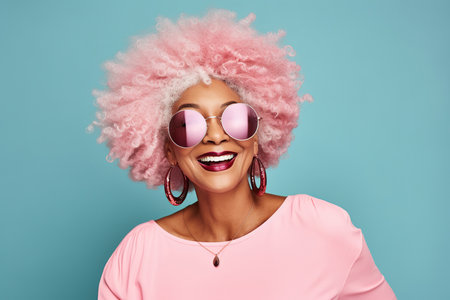 60 year old fashionable hipster African American woman portrait on blue backgroundの素材