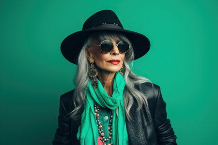 60 year old fashionable hipster woman portrait on green backgroundの素材