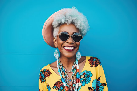 60 year old fashionable hipster African American woman portrait on blue backgroundの素材