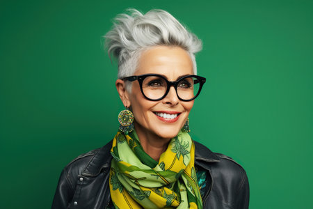 60 year old fashionable hipster woman portrait on green backgroundの素材