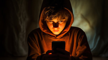 12 year old child depressed and staring at their phone screenの素材
