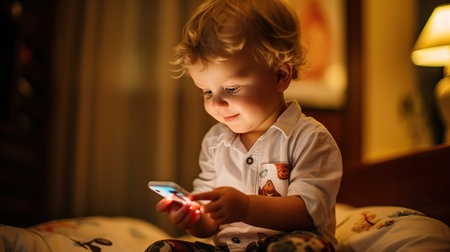 A baby holding a phone and looking at his phone screen awardの素材