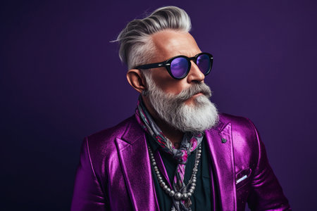 60 year old fashionable hipster man portrait on bright purple backgroundの素材
