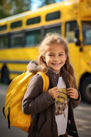 A child girl with his backpack in front of school busの素材