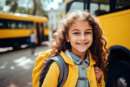 A child girl with his backpack in front of school busの素材