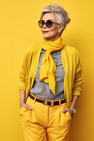 60 year old fashionable hipster woman portrait on purple backgroundの素材