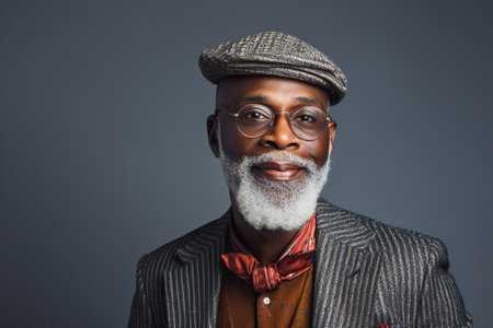 60 year old fashionable hipster African American man portrait on black backgroundの素材