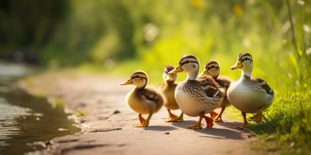 A group of adorable ducklings following their mother.の素材