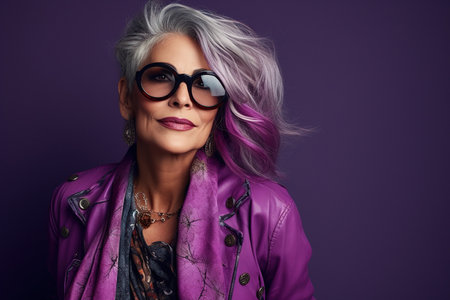 60 year old fashionable hipster woman portrait on purple backgroundの素材